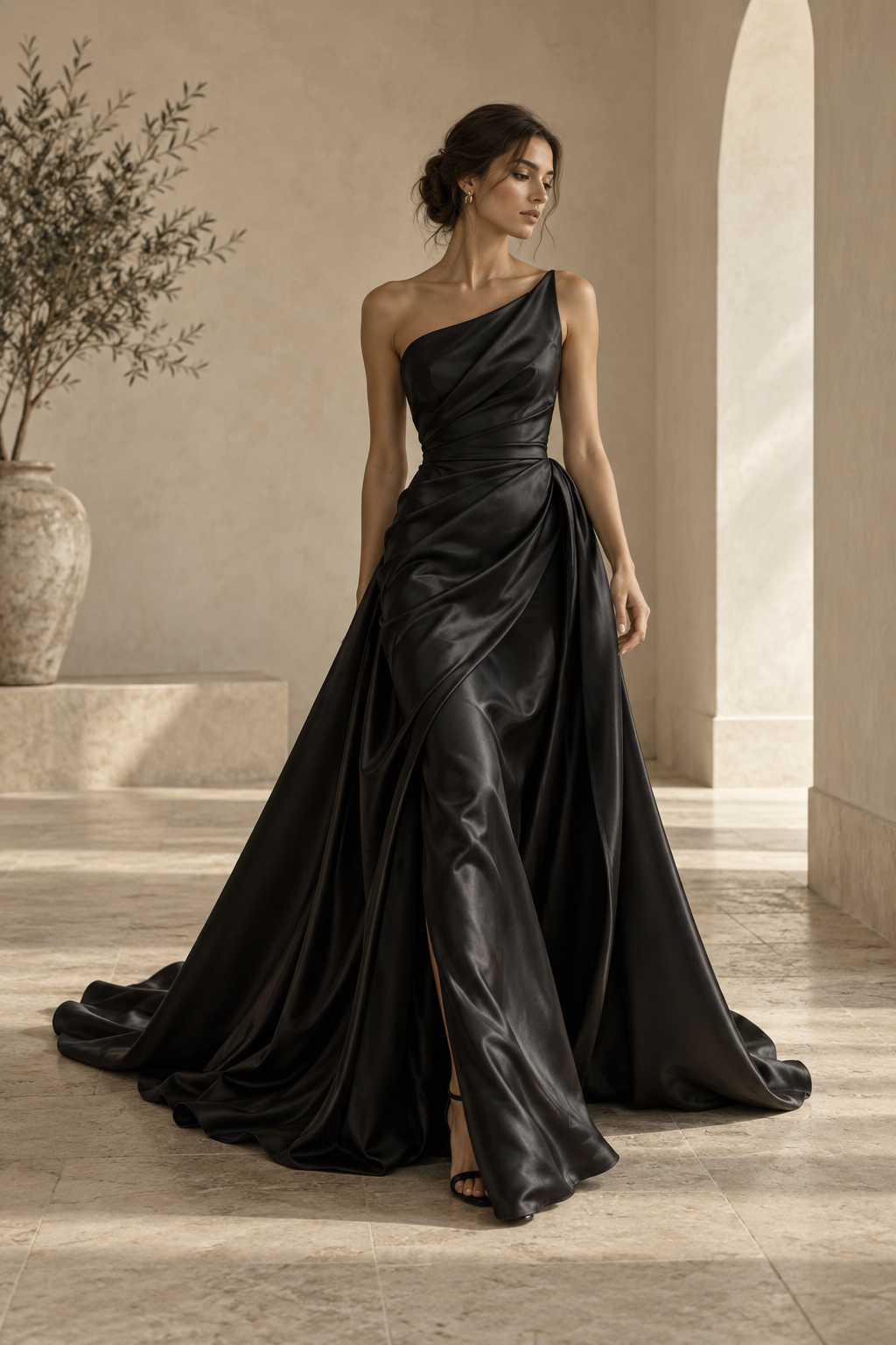 Concept editorial: a sculptural black satin evening gown in a warm ivory interior