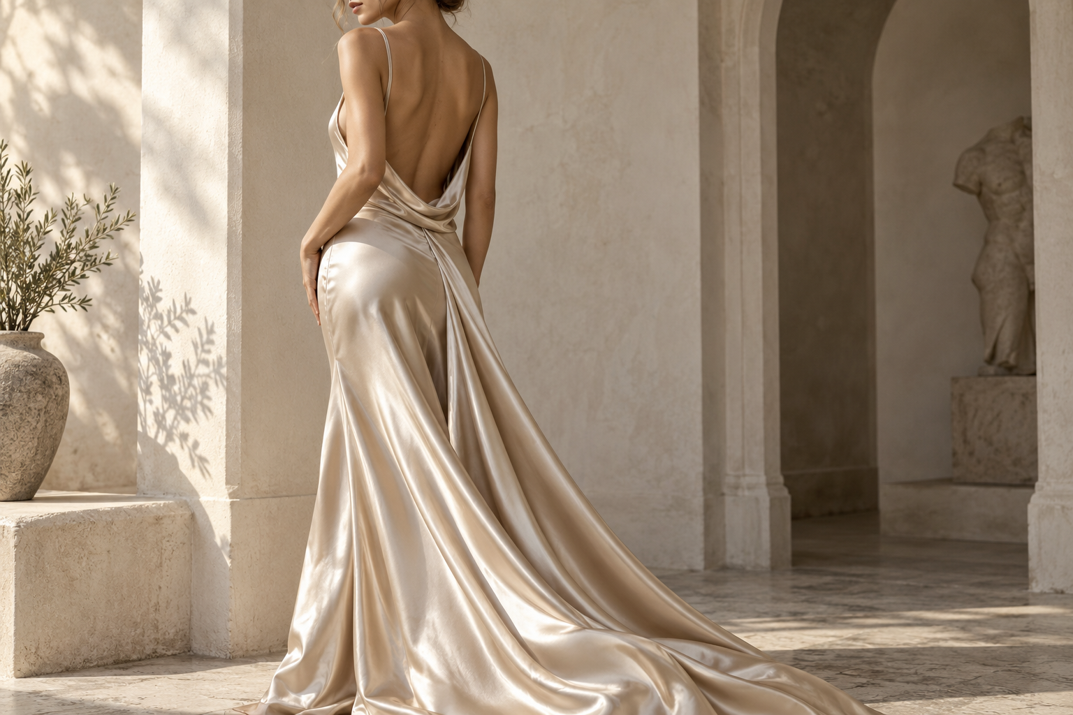 Concept editorial detail of flowing champagne silk eveningwear